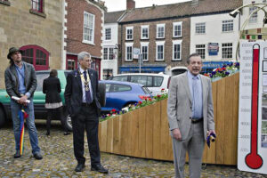 Frazer Johnston, the designer and builder of the ziggurat, Peter Chandler, President of the Rotary Club of Stokesley, and George Carter, who brought the sponsors to the table.